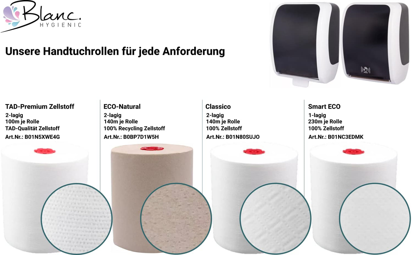 Blanc Cosmos Handtuchrollen "Classico" 840m Gesamt, 2-lagig, 140m pro Rolle, 6 Rollen, 100% Zellstoff - für Blanc Cosmos Handtuchrollenspender