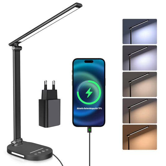 HASKARE Schreibtischlampe LED Dimmbare Tischlampe, 5 Farbmodi und 5 Helligkeitsstufen Blendfreie Augenschutz-Desk Lamp, USB-Ladeanschluss,Mit 5V/2A Netzadapter