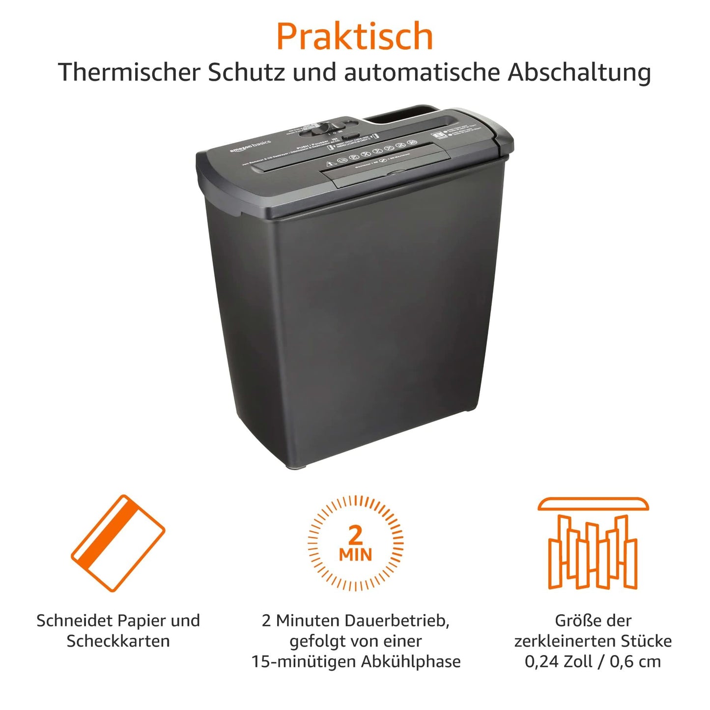 Amazon Basics Aktenvernichter, Streifenschnitt, CD-Schredder, 7-8 Blätter, Schwarz