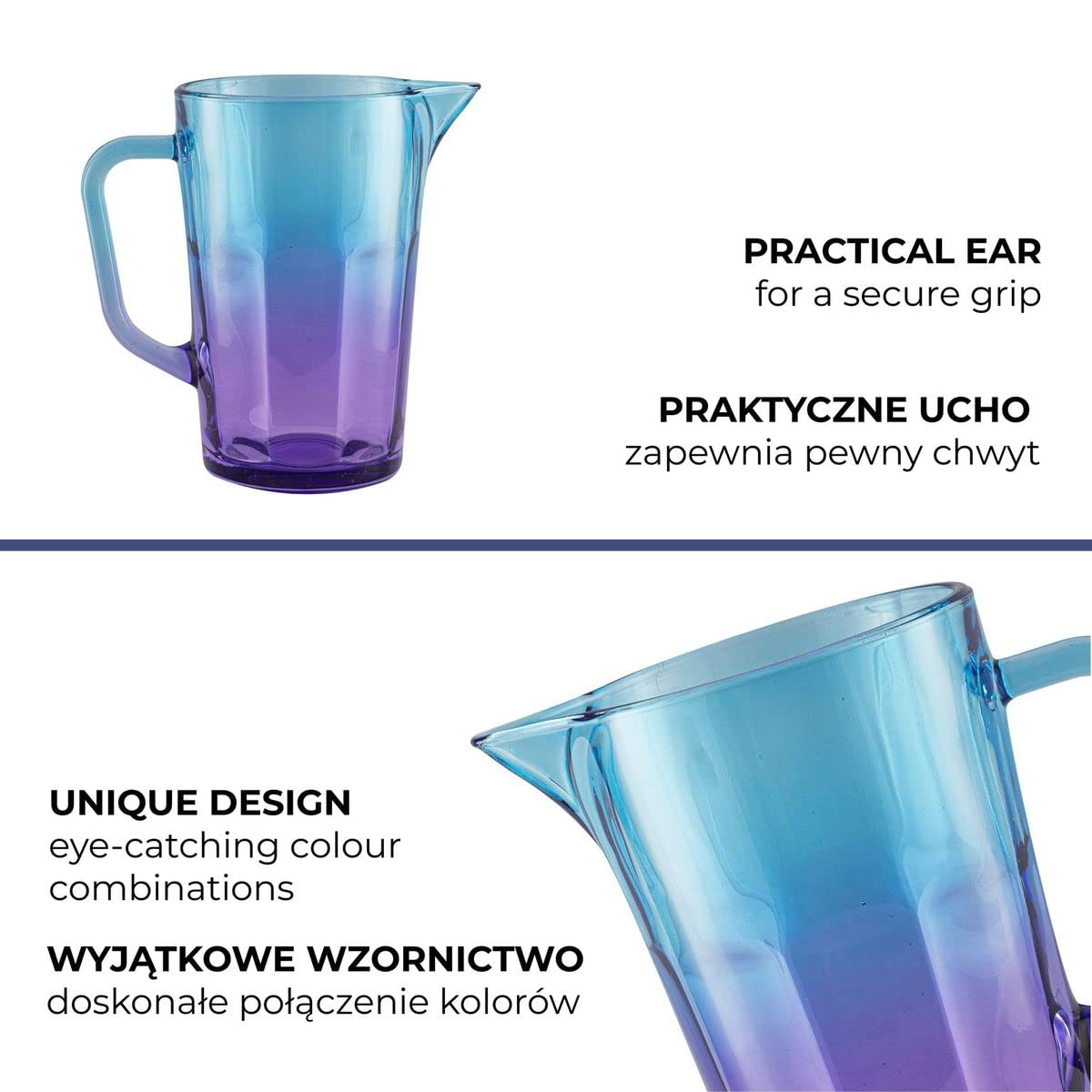 TREND FOR HOME Wasserkaraffe Glas 1 Liter mit Handlichem Griff Bunt Wasserkrug 19 cm Glaskanne Blau Lila Glaskrug Wasserkanne Glaskaraffe Glas Carafe Pitcher Glaskanne 1l Bunte | Gigi Dreamy Sunset