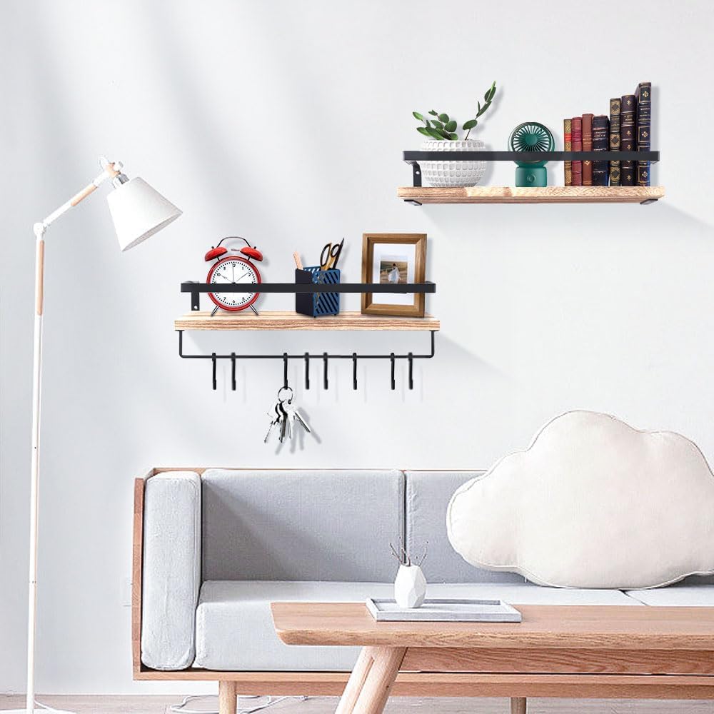 Uten Wandregal Holz, Schweberegal Rustikal mit Handtuchhalter 2er Set Hellbraun für Schlafzimmer, Wohnzimmer, Badezimmer, Küche, Büro