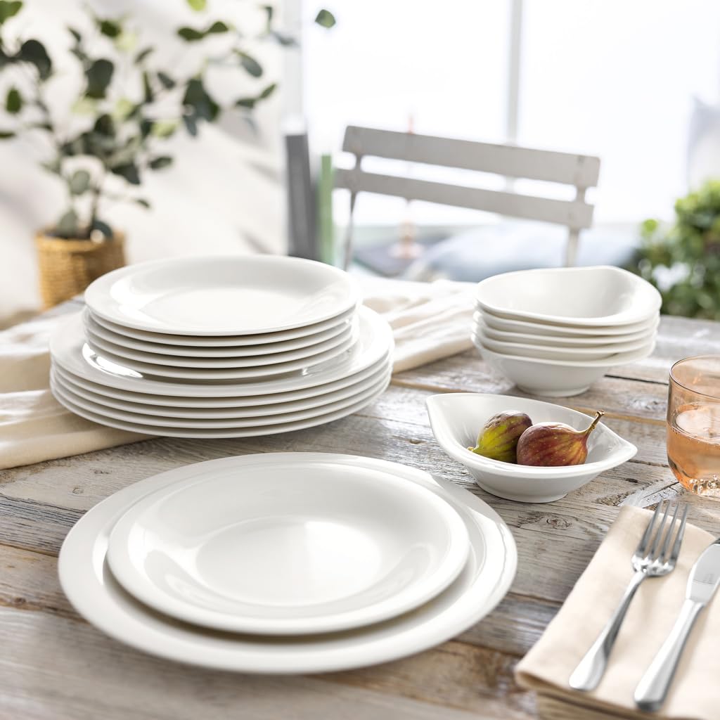 vivo – Villeroy & Boch Group – Essential White Dinner Set 18 tlg. Weiß, Spülmaschinenfest, Mikrowellensicher, Geschirr Set für 6 Personen, Müslischalen, Speiseteller, Dessertteller, Premium Porzellan