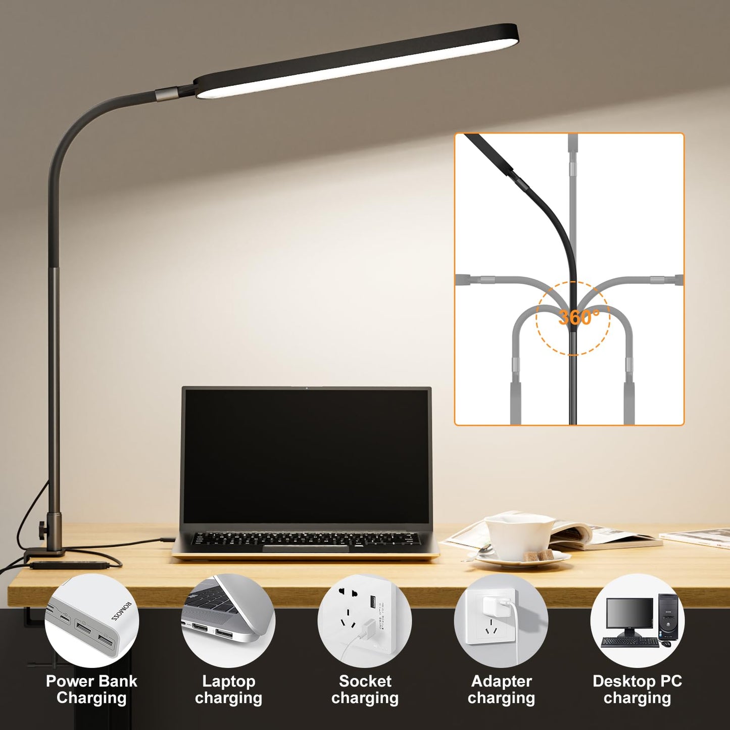 SKYLEO Schreibtischlampe LED – 85cm Schreibtisch Lampe – Flexibler Schwanenhals – 5 Farbmodi x 11 Helligkeitsstufen – 1300LM – Timmer und Speicherfunktion – 12W Desk Lamp – Schwarz