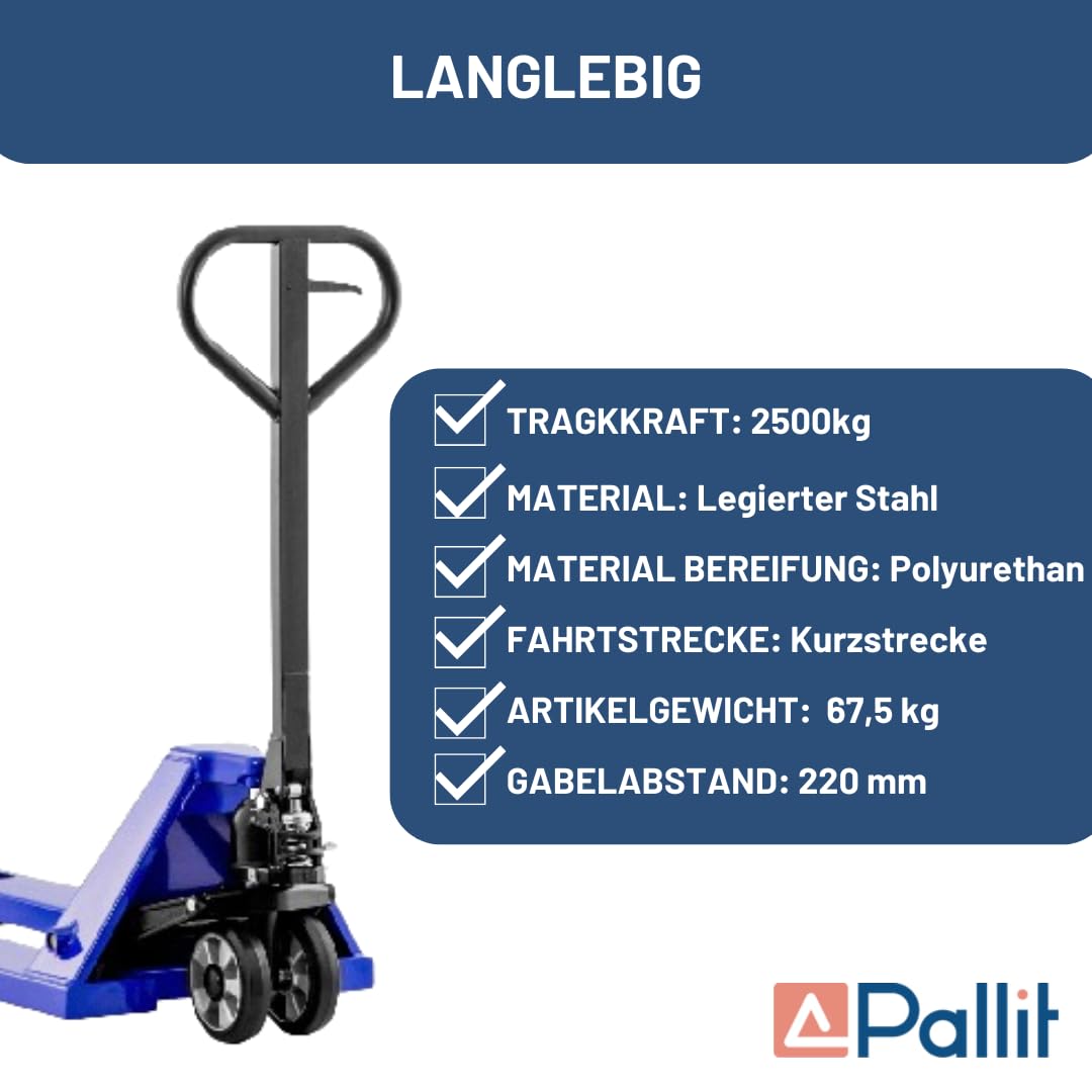 Pallit Hubwagen 2500 kg aus Stahl 1150 mm Gabellänge FIVE-R Gummirollen Gabelhubwagen Handhubwagen Palettenwagen Blau