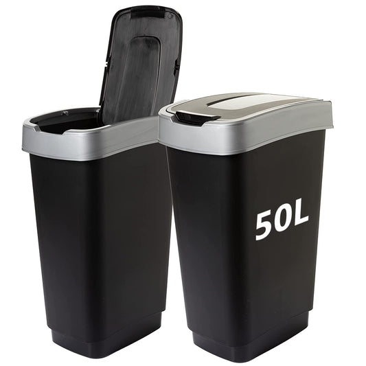 SUSTANIA Duo Mülleimer Küche 2 Fächer 50L - Geruchsdicht Doppel Abfalleimer mit Schwingdeckel 2x50 Liter Groß, 60x45x34 cm, Robust Recycelbarer Kunststoff, Schwarz/Silber, Made in EU