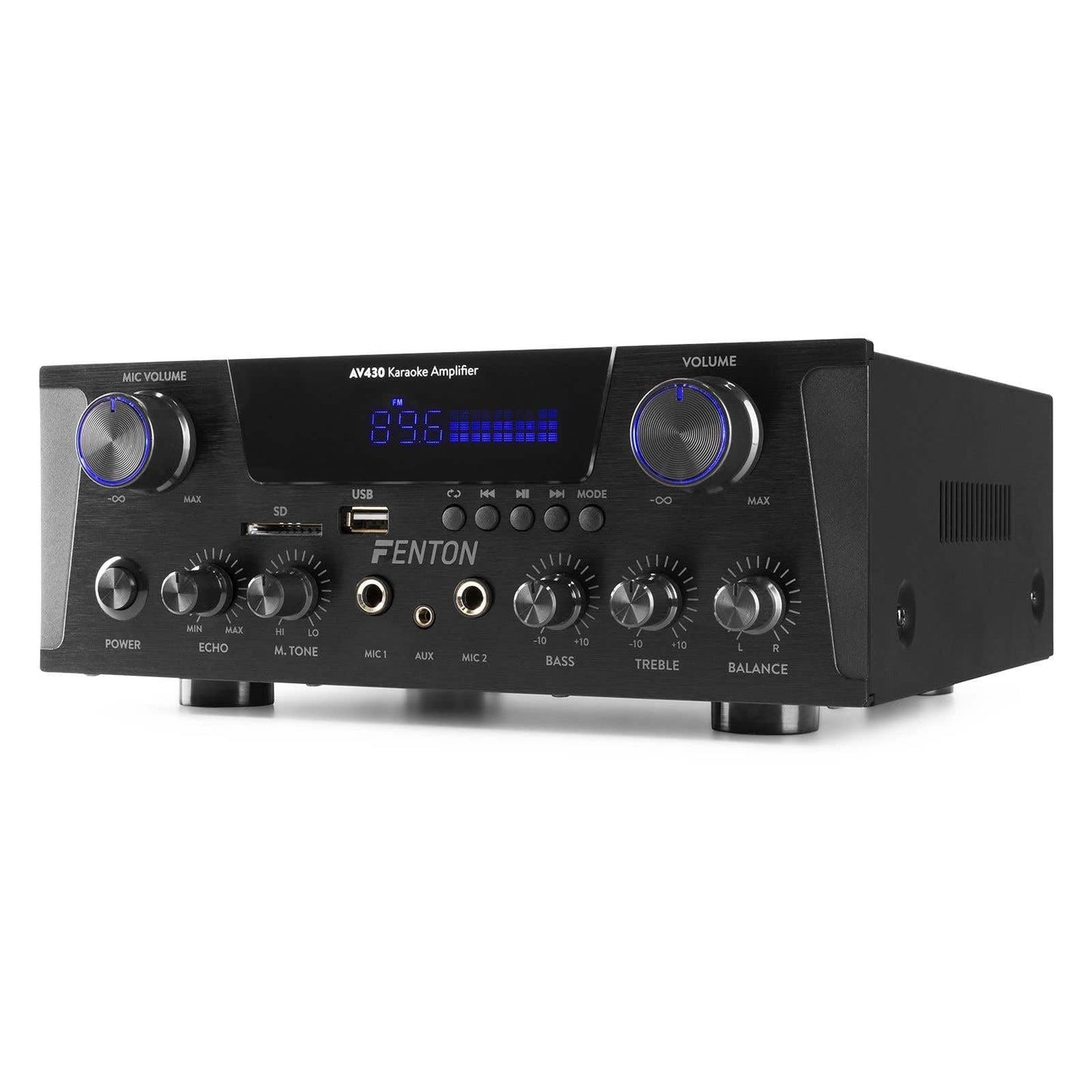 Fenton AV430B Karaoke Verstärker mit Echo, kompakter 600 Watt Bluetooth Verstärker, 2X MIC-In, 2X Cinch-In, MP3-Player, USB, SD, Stereo-HiFi-Verstärker, Amplifier inkl. Fernbedienung - Schwarz
