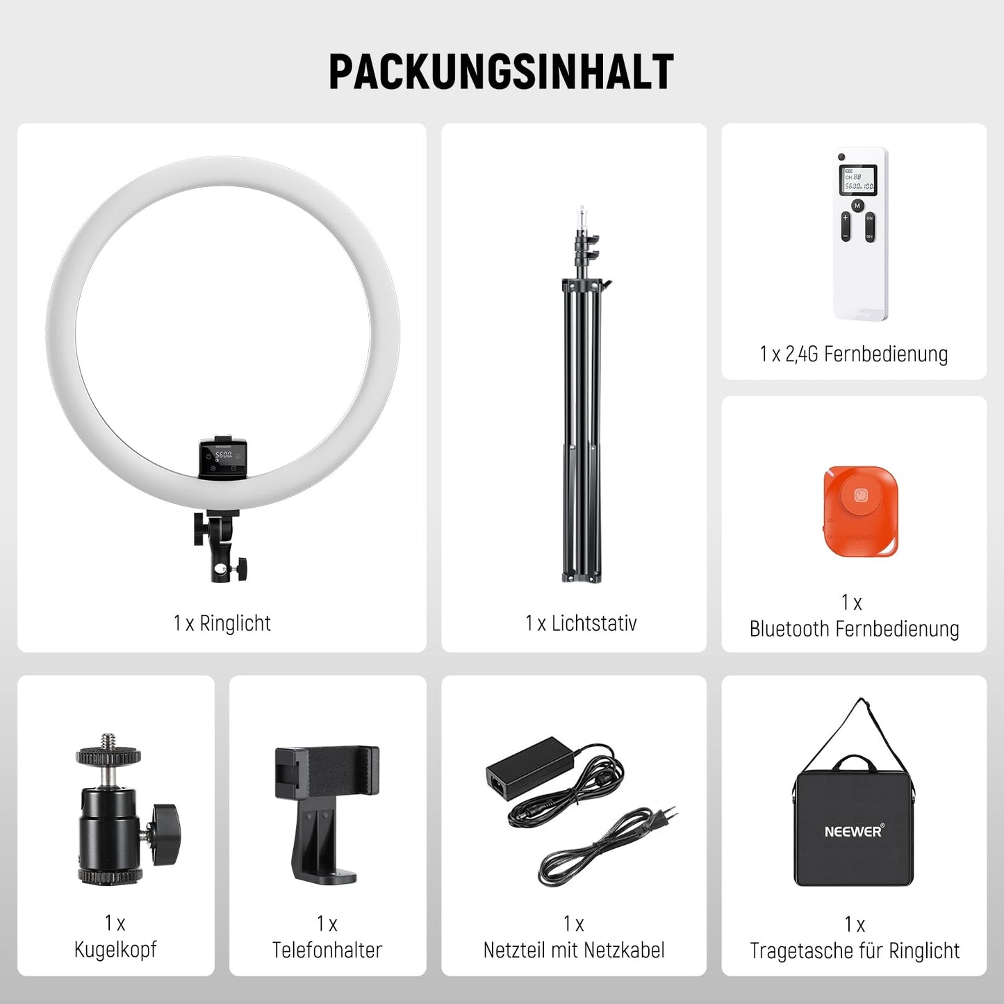 NEEWER Ringlicht SRP18-2,4G 18 Zoll LED mit Ständer und Telefonhalter, 2,4G & Manual Touch Control Professional Ringlicht, 42W 3200-5600K für Tattoo Wimpern Friseur Fotografie Beleuchtung,(Schwarz)