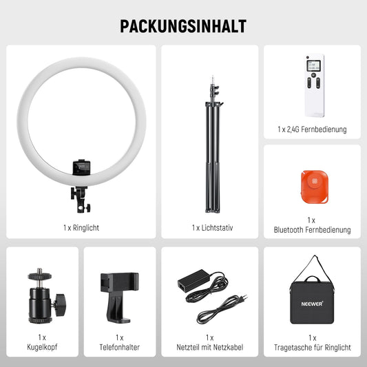 NEEWER Ringlicht SRP18-2,4G 18 Zoll LED mit Ständer und Telefonhalter, 2,4G & Manual Touch Control Professional Ringlicht, 42W 3200-5600K für Tattoo Wimpern Friseur Fotografie Beleuchtung,(Schwarz)