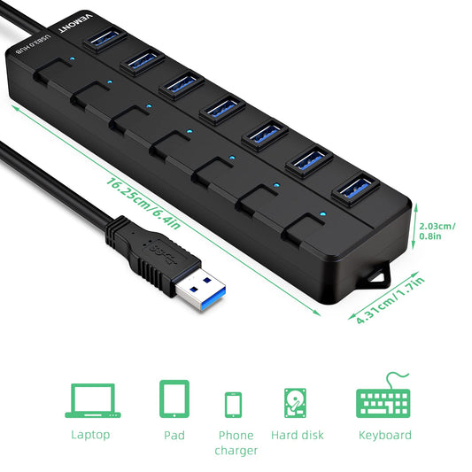 USB 3.0 Hub, VEMONT 7-Port USB Hub USB Splitter mit verlängertem 1.2m Kabel, USB Verteiler mit einzelnen LED Power Schalter für PC/MacBook Air/Pro/Mac Mini/iMac/MacPro/Laptops und weitere USB Geräte
