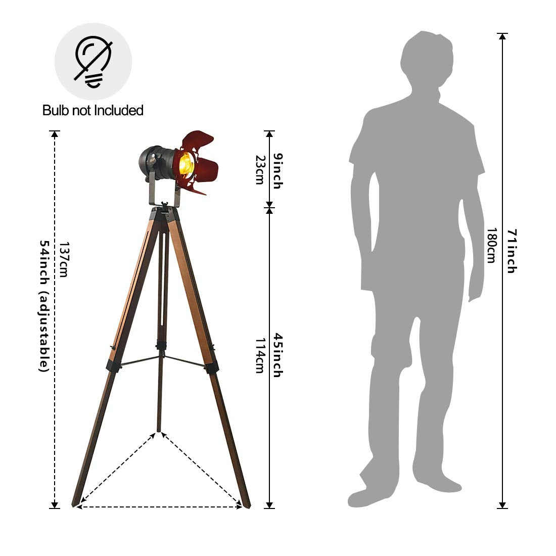 Barcelona LED Vintage Stehleuchte Tripod Stehlampe Deckenfluter im Cinema Stil, mit Dreifuß aus Holz Stativ Holz, Studiolampe, Studioleuchte, Wohnzimmerlampe, Wohnzimmerleuchte, LV 234