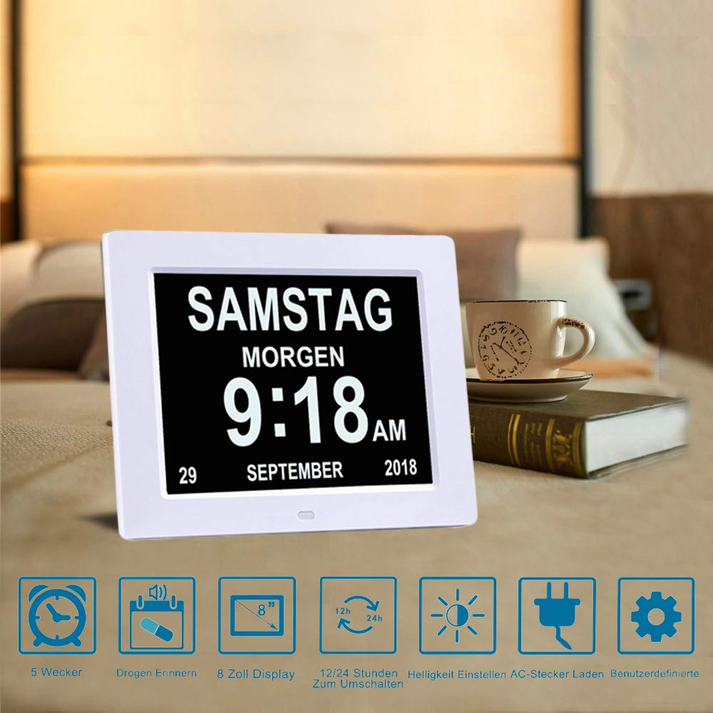 SENXINGYAN 8" Digital Wecker,Digitaler Kalender Tag Uhr Für Demenz sehschwachen Gelesen Werden,Kinder, Senioren, Sehschwache und Alzheimer Patienten (Weiß)