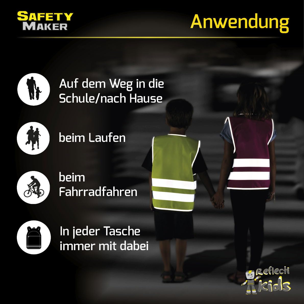 Safety Maker 44571 Kinder Sicherheitsweste, Warnweste, Reflektorweste, refkletierend für 7-14 Jahre, gelb