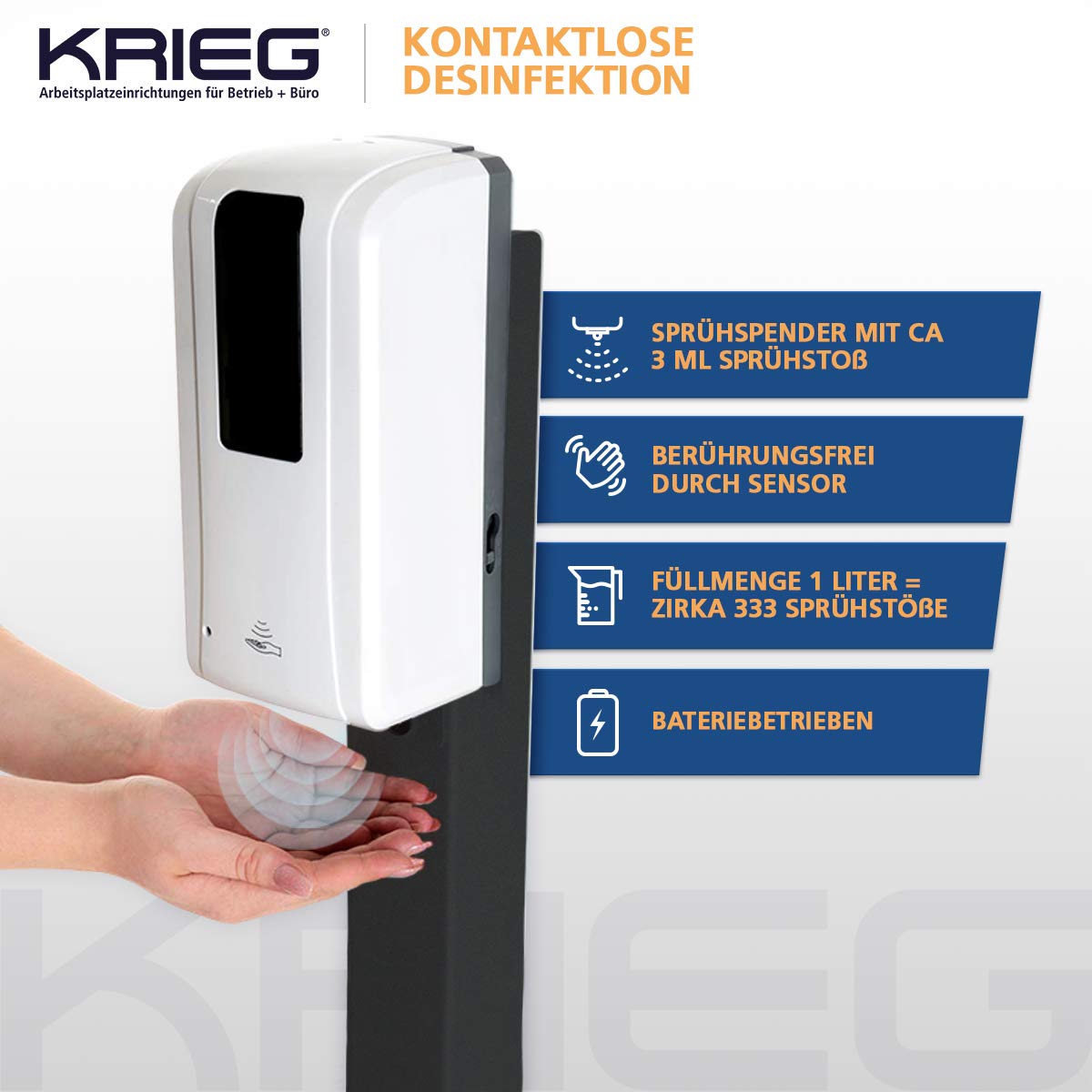 KRIEG Hygienestation mit Sensor I Anthrazit I Kontaktlos Hygienestation 1000 ml - 333 Sprühstöße I Desinfektionsstation freistehend, stabil, höhenverstellbar, automatisch I Hygienesäule Ready to go