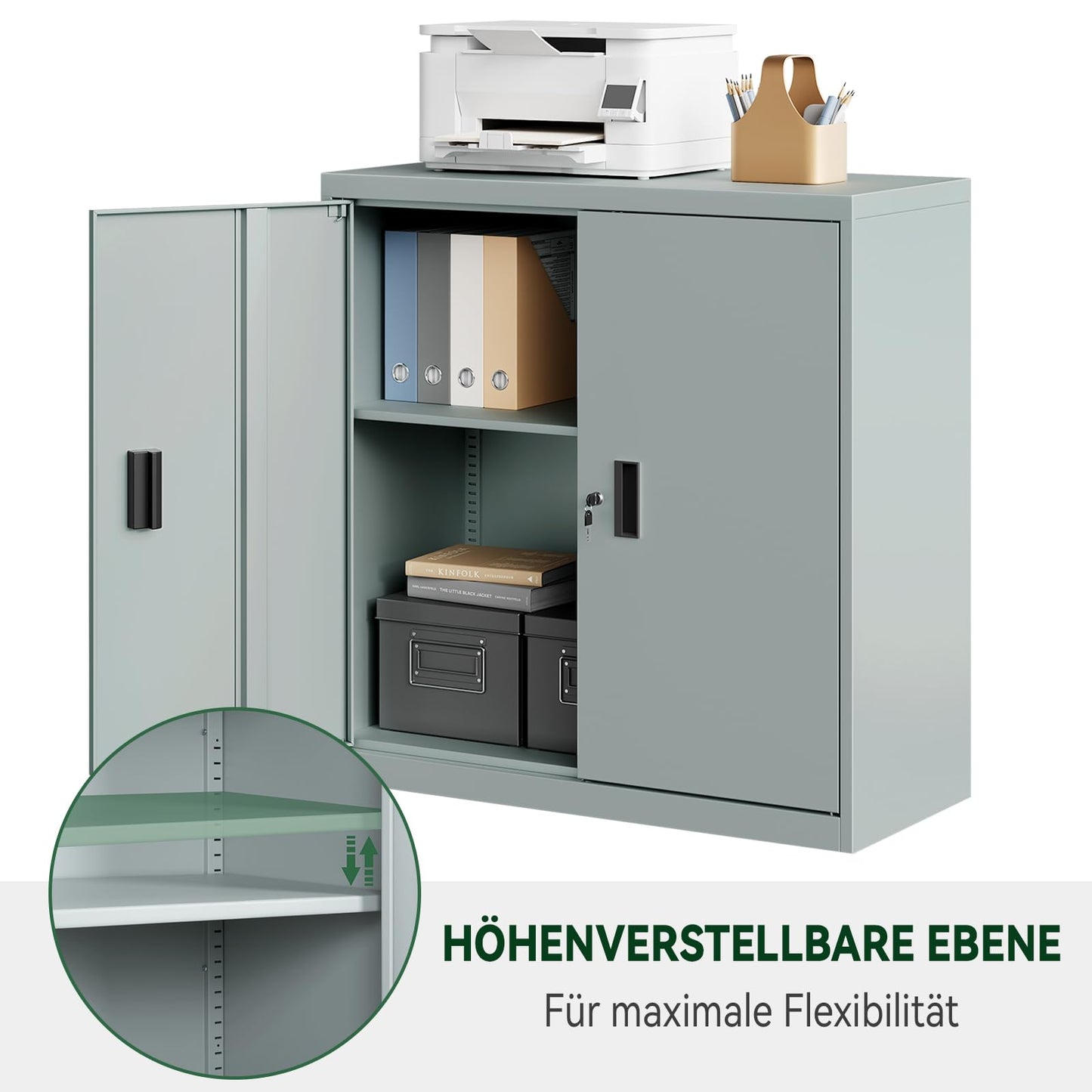 WOLTU Aktenschrank abschließbar, Ordnerschrank mit höhenverstellbarem Einlegboden, Metallschrank mit Schloss, Büroschrank Lagerschrank Mehrzweckschrank, Grau, B90xH92xT40 cm, ASK12gr