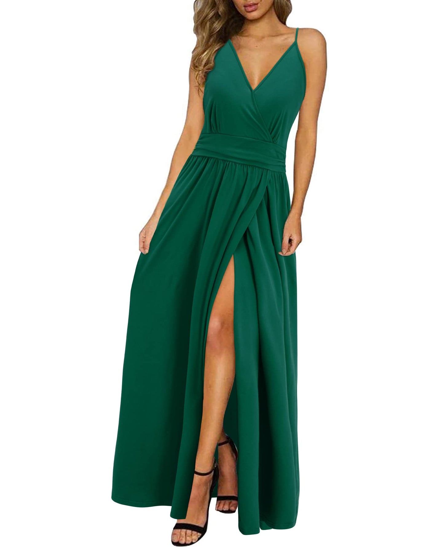 Newshows Sommerkleid Damen Lang Maxikleid Sommer V Ausschnitt Kleid Schlitz Freizeitkleid Elegant für Hochzeitsgast (Grün,Groß)