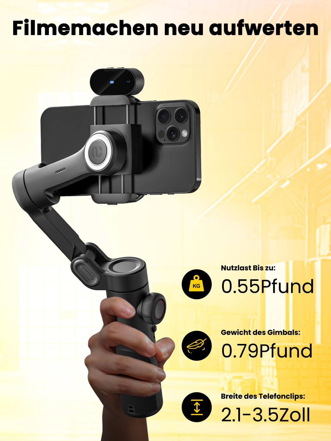 Gimbal-Stabilisator für Smartphone, NO APP KI-Verfolgung, Gestensteuerung, Inception-Gimbal mit TikTok YouTube, 3-Achsen-Falt-Gimbal-Stabilisator für iPhone und Android, AOCHUAN XE AI-Version