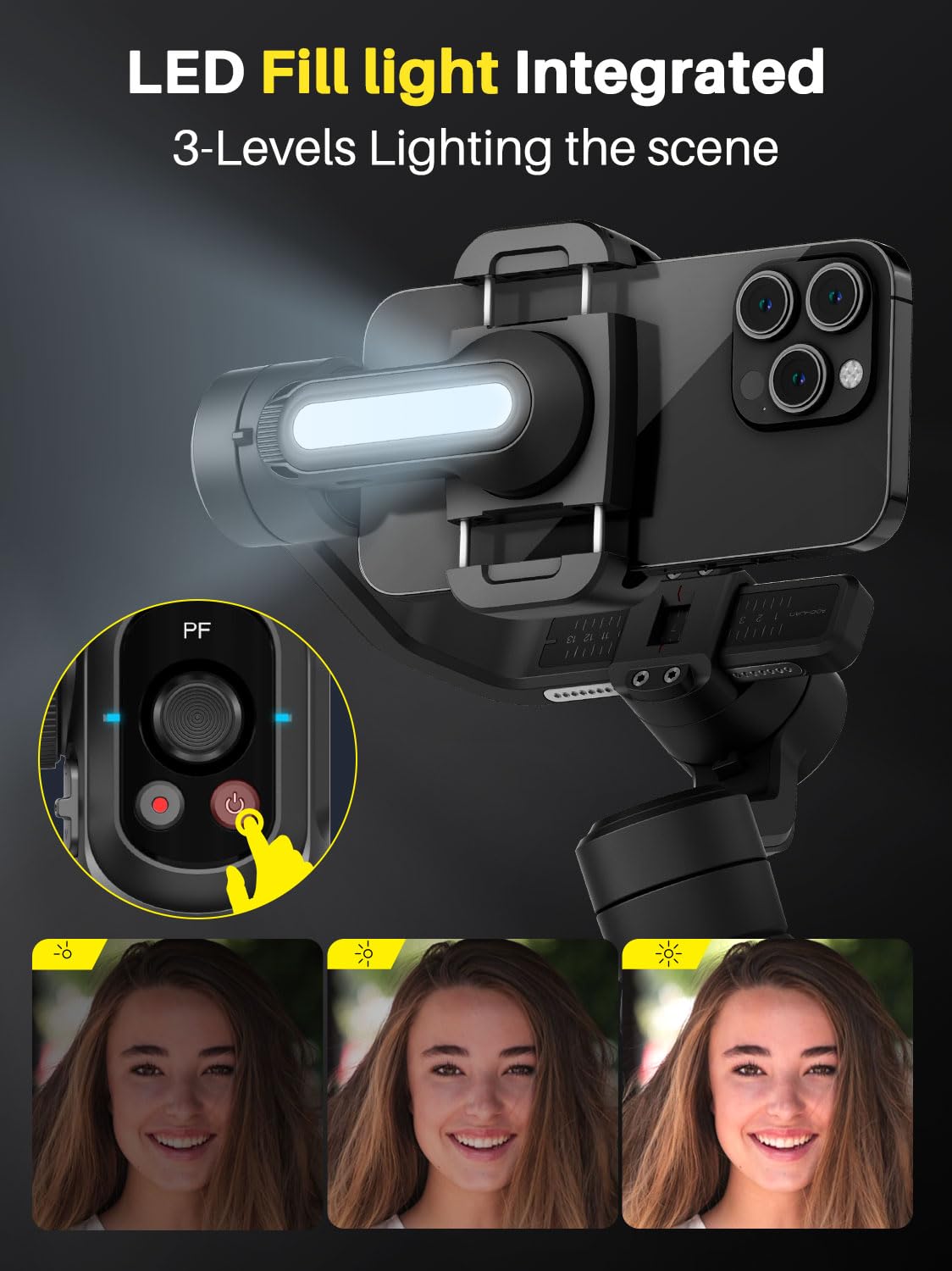 Professioneller Gimbal-Stabilisator für Smartphones, integrierte 18-cm-Verlängerung und leistungsstarkes Fülllicht, Gesichts Objektverfolgungsstabilisator, 3-Achsen-Gimbal für iPhone, AOCHUAN Smart S2