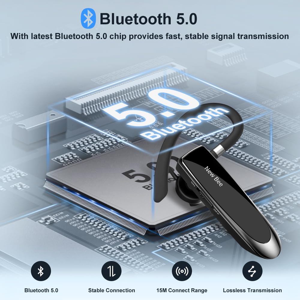 New Bee Bluetooth Headset Wireless Freisprech Telefon Bluetooth-Headset mit Mikrofon für iPhone Samsung Huawei mit 60 Tage Standby Schwarz