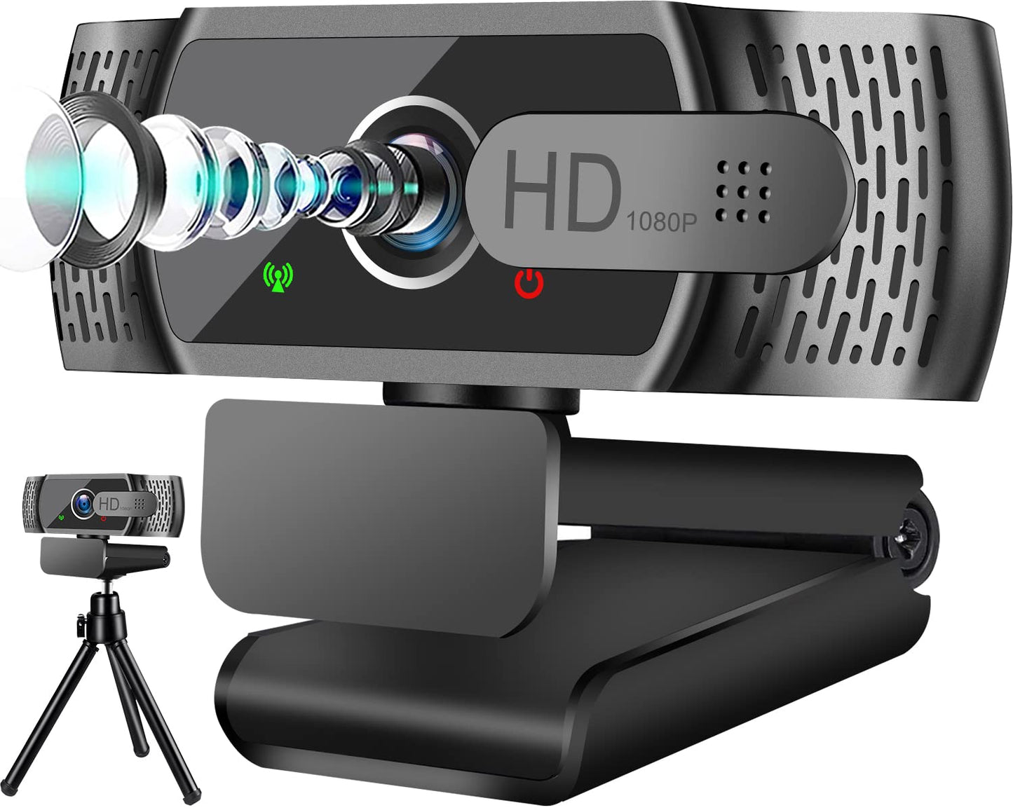 Full HD1080P Webcam mit Mikrofon, Automatischer Lichtkorrektur, Neefeaer USB mit Abdeckung Stativ,110° Weitwinkel, Kamera für PC, Laptop, Computer, Linux, Mac