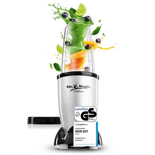GOURMETmaxx Mr. Magic Mixer | Smoothie Maker - 4-tlg. | Standmixer mit Mixbecher & Frischhaltedeckel | Blender mit 8 Funktionen | Food Processor für Shakes, Smoothies, Shots & Co.