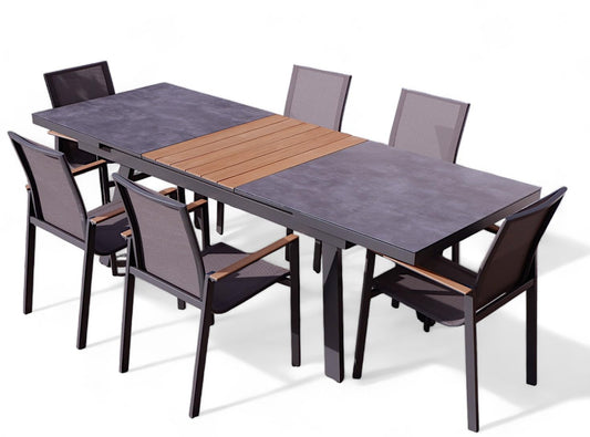 ALEOS. Gartengarnitur Gartenset Aluminium Teak Set mit quadratischem Ausziehtisch 180x90cm auf 240cm ausziehbar + 6 Stapelstühle anthrazit Trinidad