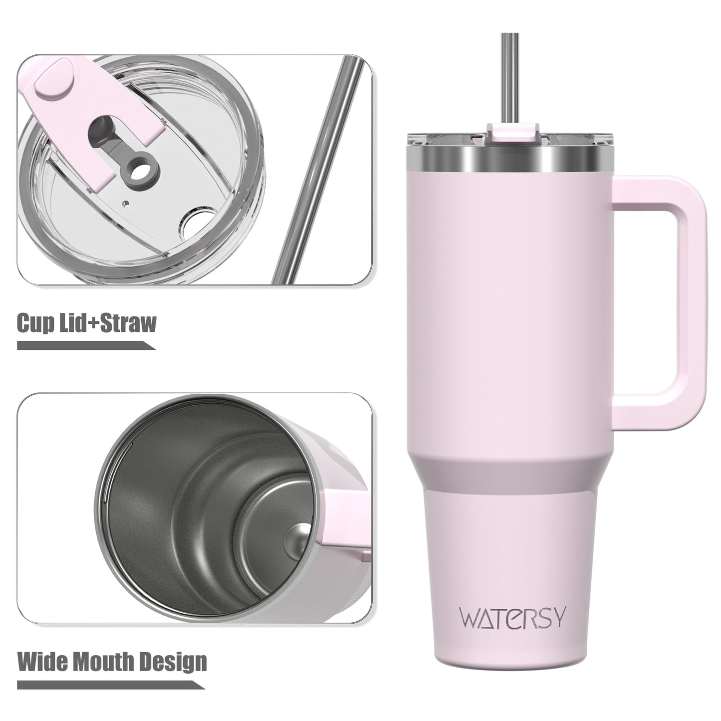 WATERSY 40oz Kaffeebecher to Go Thermobecher Doppelwandiger Edelstahl Vakuum Auslaufsicher Trinkbecher mit Griff und Strohhalm Thermo Tumbler Rosenpulver