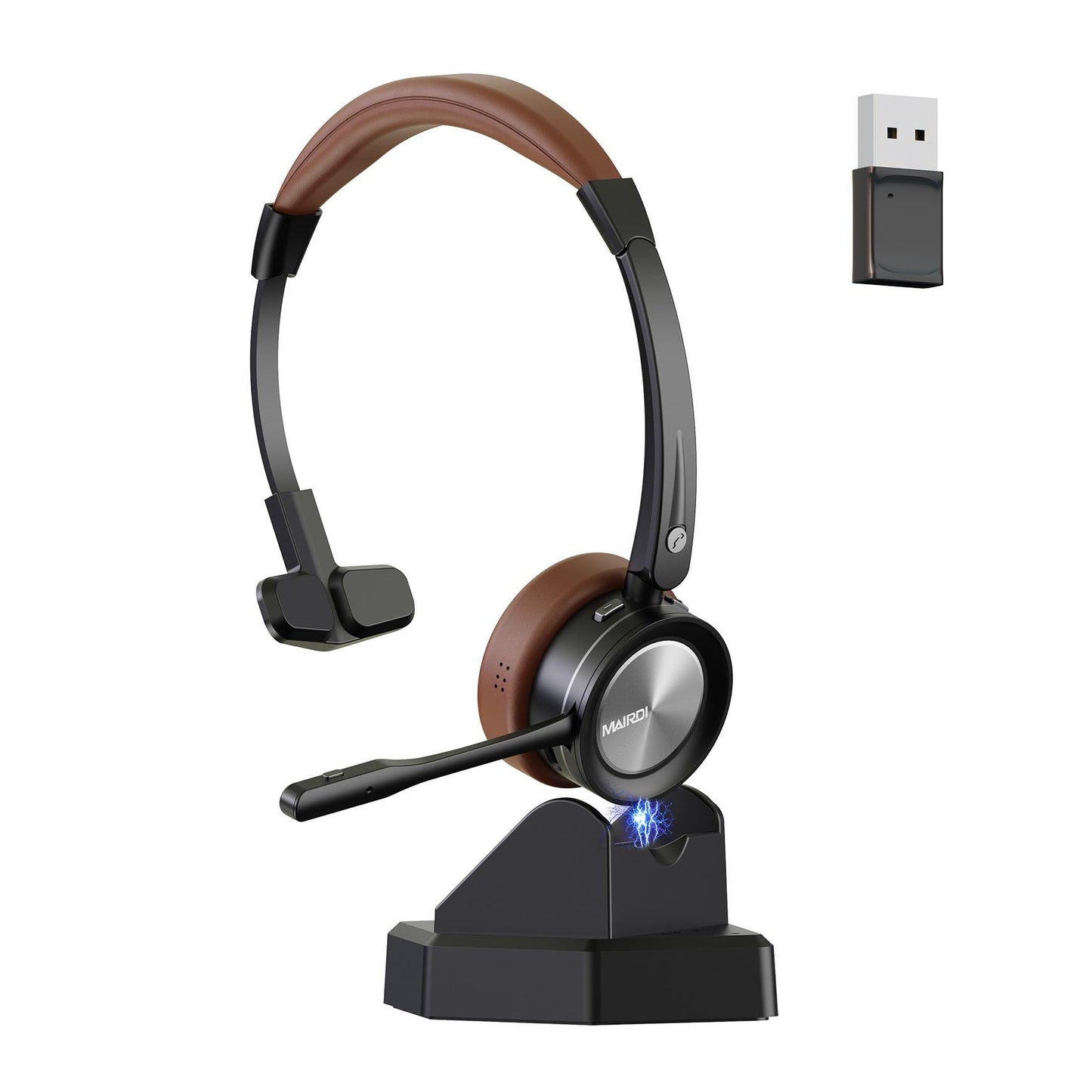 Mairdi Wireless Headset mit Mikrofon Noise Canceling, Mono Bluetooth Headset mit Ladestation, mit USB Bluetooth Adapter für Handy PC Call-Center Büro Zoom Microsoft Team Skype Chat