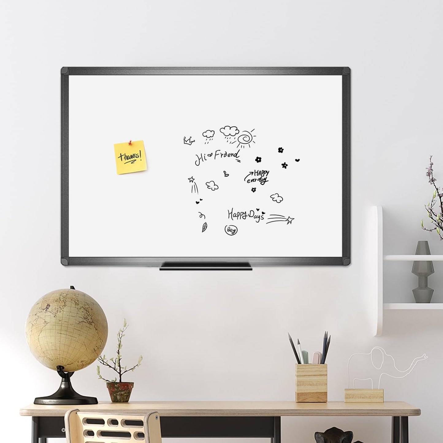 VIZ-PRO Magnetisches Whiteboard trocken abwischbar 90 x 60 cm A1 trocken abwischbares Whiteboard mit schwarzem Aluminiumrahmen und Stifthalter