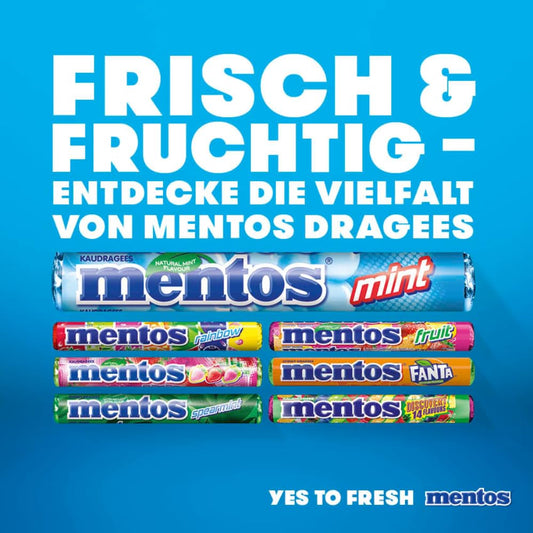 Mentos Fruit Dragees Multipack, 40 Rollen (532 g), Vegane Fruchtbonbons mit Orange, Zitrone, Erdbeere