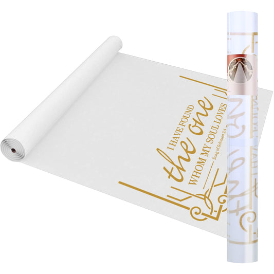 HEALON Weißer Hochzeitsgangläufer (30 m x 91 cm) – inklusive Zugschnur für Hochzeiten im Innen- oder Außenbereich, Abschlussball und Partys (goldener Buchstabendruck)