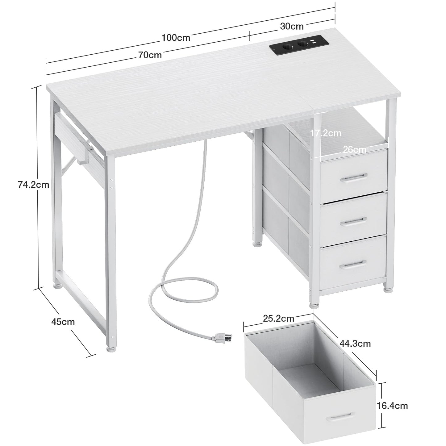 ODK Kleiner Schreibtisch mit 3 Schubladen aus Stoff, Computertisch mit 2 Steckdosen und USB-Anschlüssen, Umkehrbarer PC-Schreibtisch Bürotisch für kleines Home Office(Weiß, 100x48x75,5 cm)