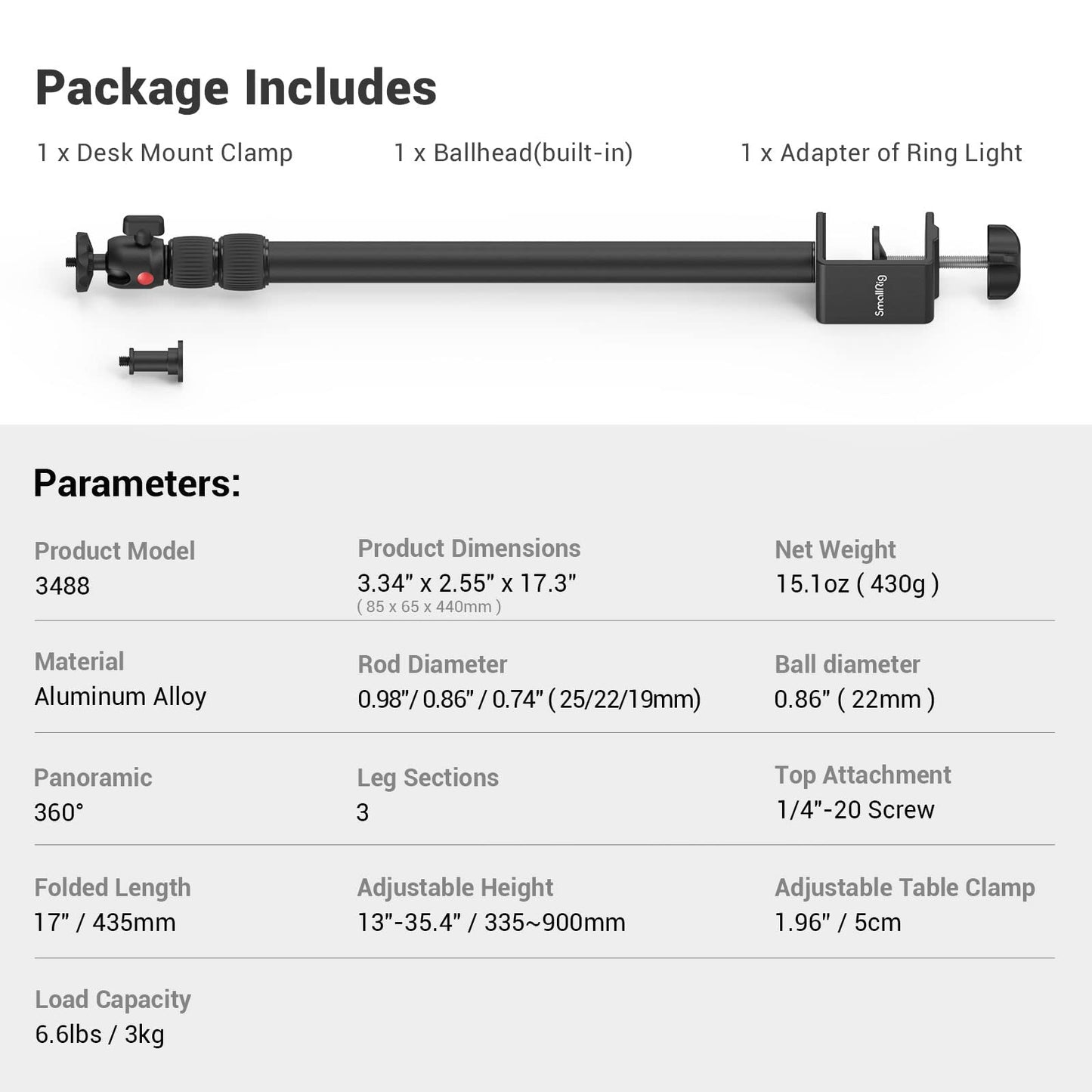SmallRig Selection Kamera Tischstativ Lichtstativ mit 1/4"-20 Kugelkopf, 13"-35,4" verstellbares Tablet Halterung, Tisch Klemme für DSLR Kamera, Ringlicht, Live Streaming, Video Aufnahmen - 3488
