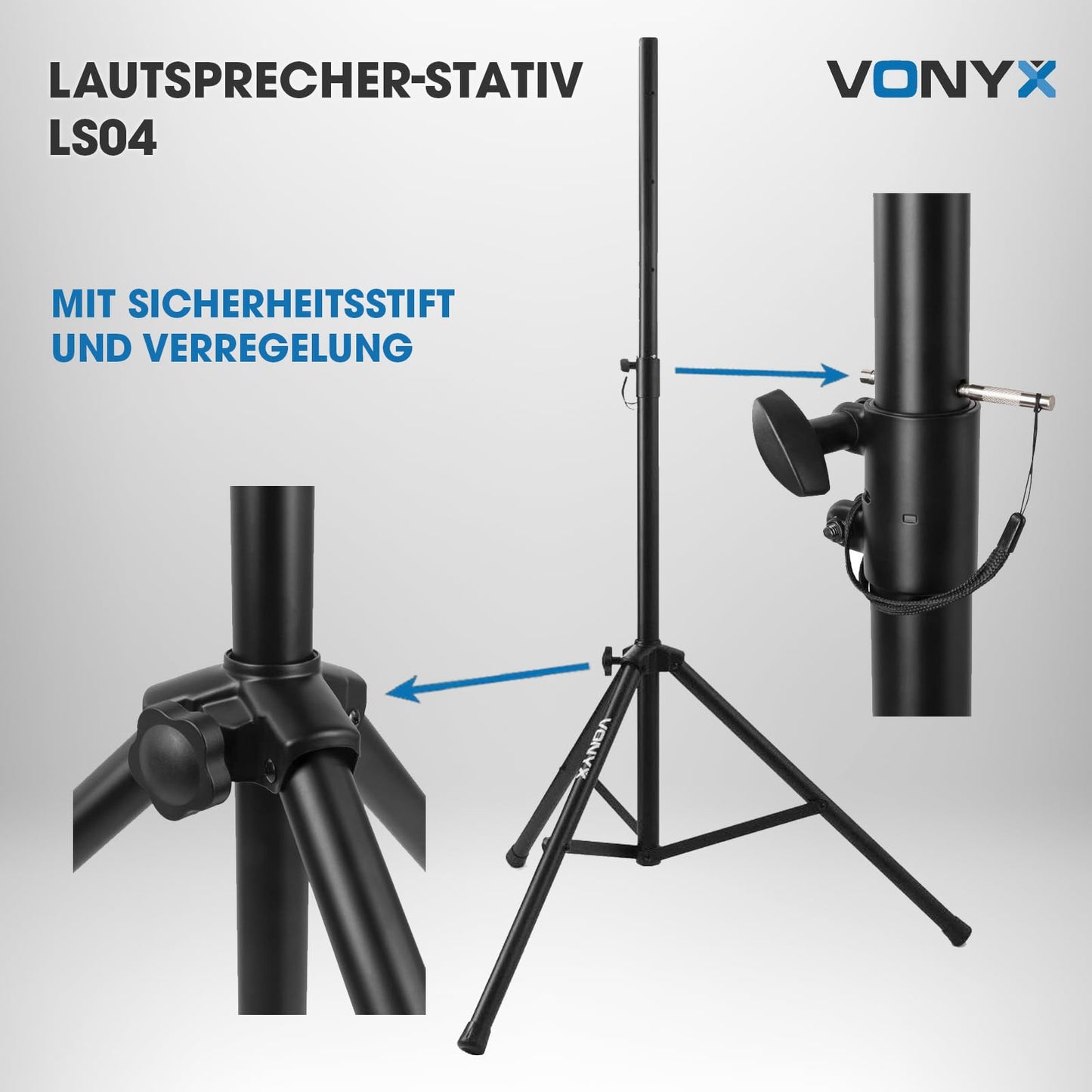 Vonyx LS04 Pro Lautsprecherständer bis 80 KG, Höhenverstellbar bis 2M. Boxenstativ mit Sicherheitsstift, Lautsprecher Stativ, Stative Hochständer Boxen Stativ Speaker Stand, Schwarz