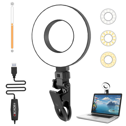 Mojimdo LED Ringlicht für Handy und Laptop, Selfie Licht mit 3 Farbtemperaturen und 5 Helligkeitsstufen, USB Videolicht für Videokonferenz, Zoom, YouTube,