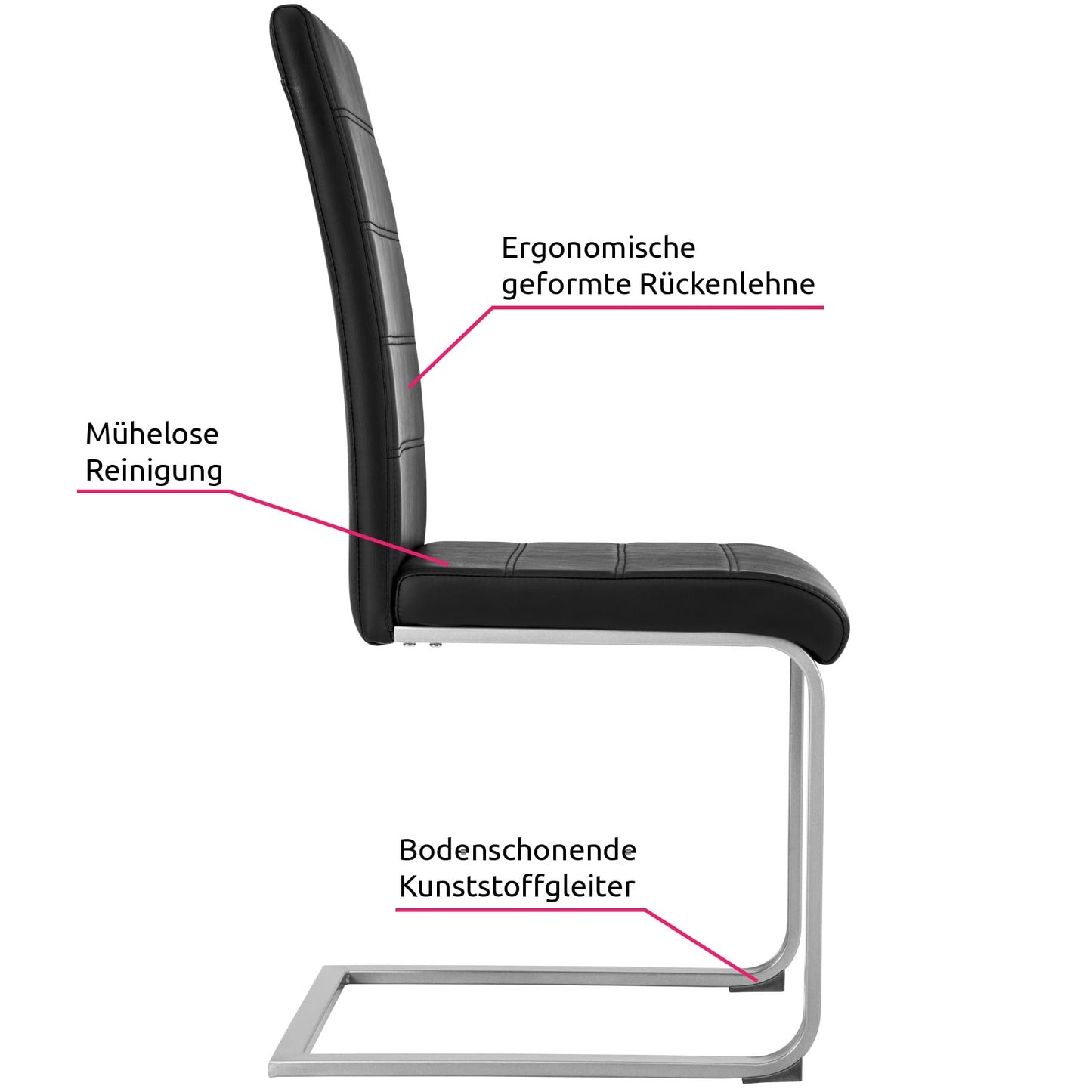 tectake Freischwinger Schwingstuhl, Stuhl 6er Set, Moderne Esszimmerstühle oder Küchenstühle mit strapazierfähigem Kunstleder Bezug - schwarz