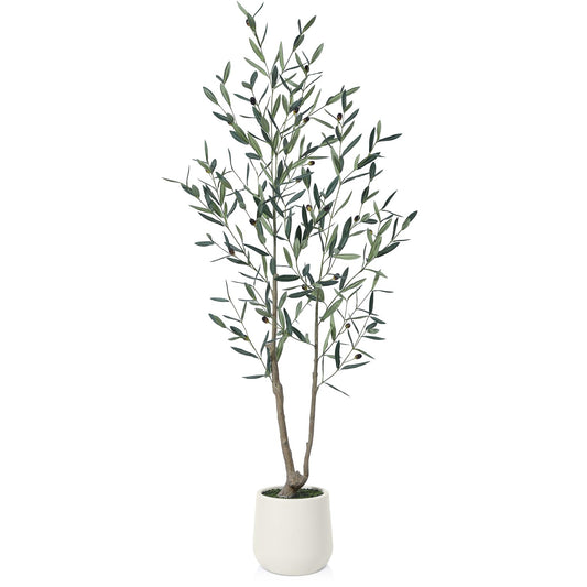 Kazeila Olivenbaum Künstlich 150cm Kunstpflanzen Groß im Weiß Topf,Künstliche Plastikpflanzen für Home Wohnzimmer Schlafzimmer Büro Deko(1Pack)