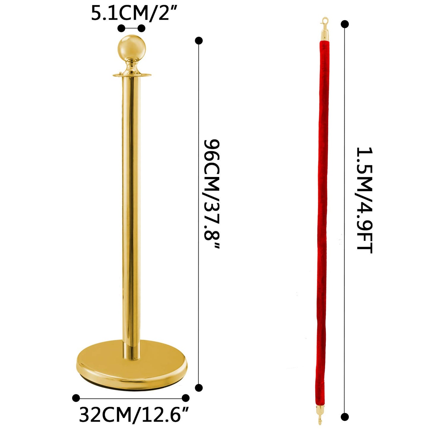 VEVOR Edelstahl Absperrpfosten Seil Abgrenzungsständer Kugelkopf 2 Rote Samtseile Goldene Säule 4 Packung Crowd Control Barriers