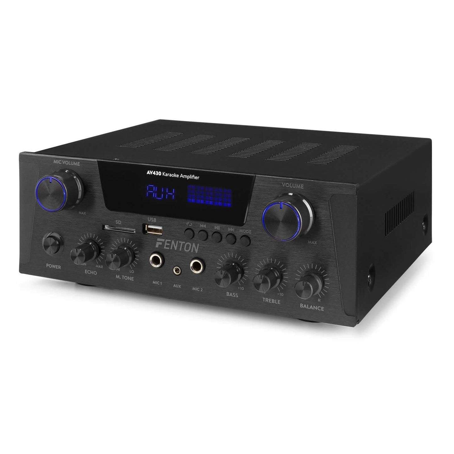 Fenton AV430B Karaoke Verstärker mit Echo, kompakter 600 Watt Bluetooth Verstärker, 2X MIC-In, 2X Cinch-In, MP3-Player, USB, SD, Stereo-HiFi-Verstärker, Amplifier inkl. Fernbedienung - Schwarz