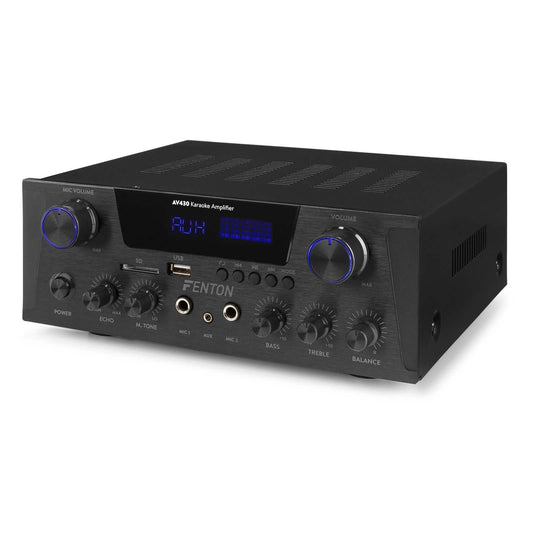 Fenton AV430B Karaoke Verstärker mit Echo, kompakter 600 Watt Bluetooth Verstärker, 2X MIC-In, 2X Cinch-In, MP3-Player, USB, SD, Stereo-HiFi-Verstärker, Amplifier inkl. Fernbedienung - Schwarz