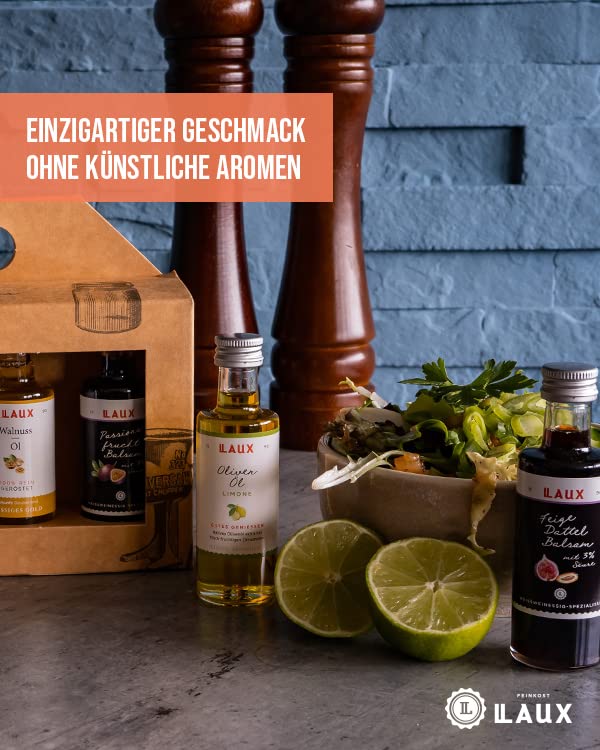 LAUX Essig Öl Geschenkbox - 5 Sorten im Set: Olivenöl, Walnussöl, Balsam & Aperitif - Für Salate Oder Herzhafte Gerichte - Grill Geschenk Set für Sie & Ihn (5 x 40ml)