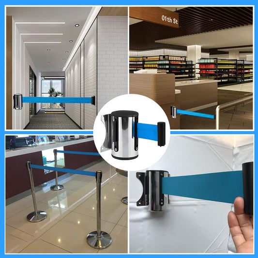 Aweisile Massenkontrolle Absperban Personenleitsystem Absperrpfosten 5M einzeihbar Wand Montiert Absperrung Band Warteschalnge Gürtel Abgrenzungsständer Absperrständer Blaue mit Montage Zubehör