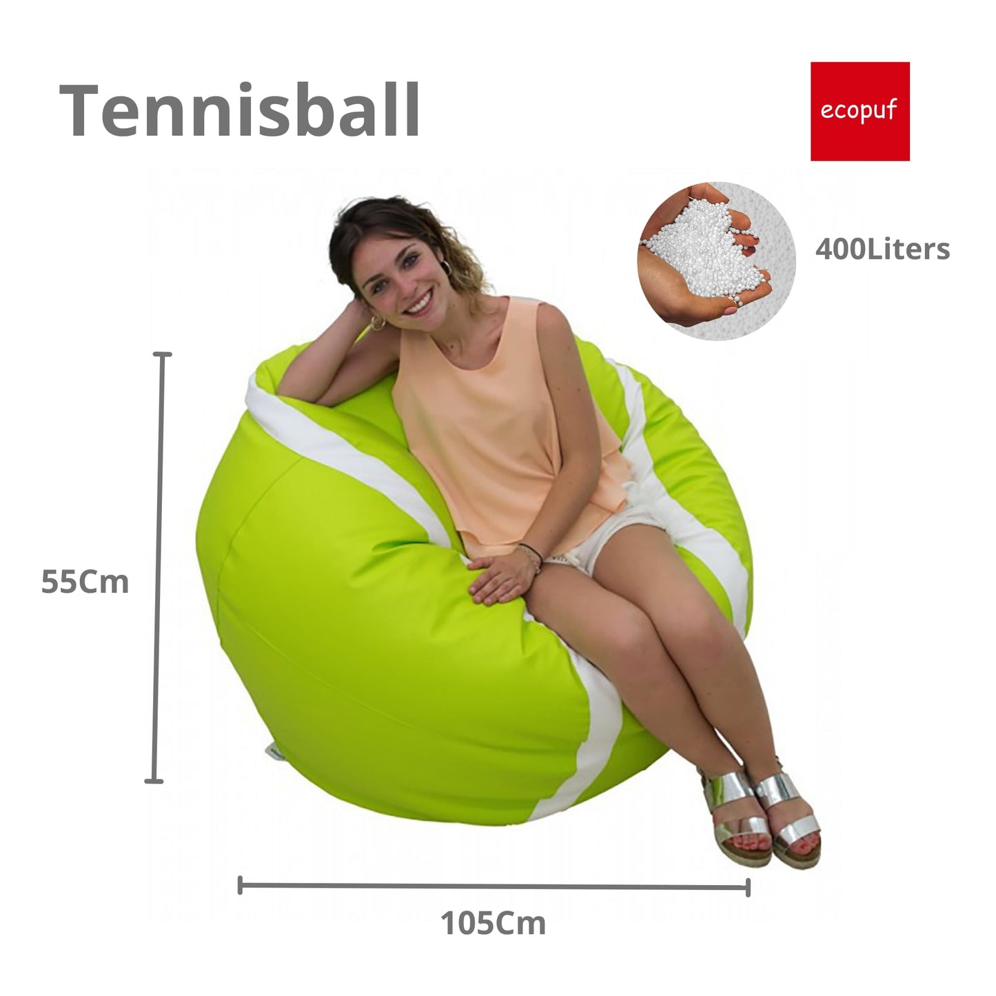 Ecopuf | Sitzsack Fussball in Form eines Tennisballs aus Kunstleder | Sitzsack Sessel | Sitzsack mit Polsterung | Sitzsack mit doppeltem Reißverschluss Dim 105 x 55 cm