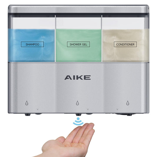 AIKE Duschseifenspender für Badezimmer, 3 x 320 ml automatischer Seifenspender zur Wandmontage, Seifenspender aus Kunststoff ohne Bohren, geeignet für flüssiges Duschgel, Shampoo und Spülung