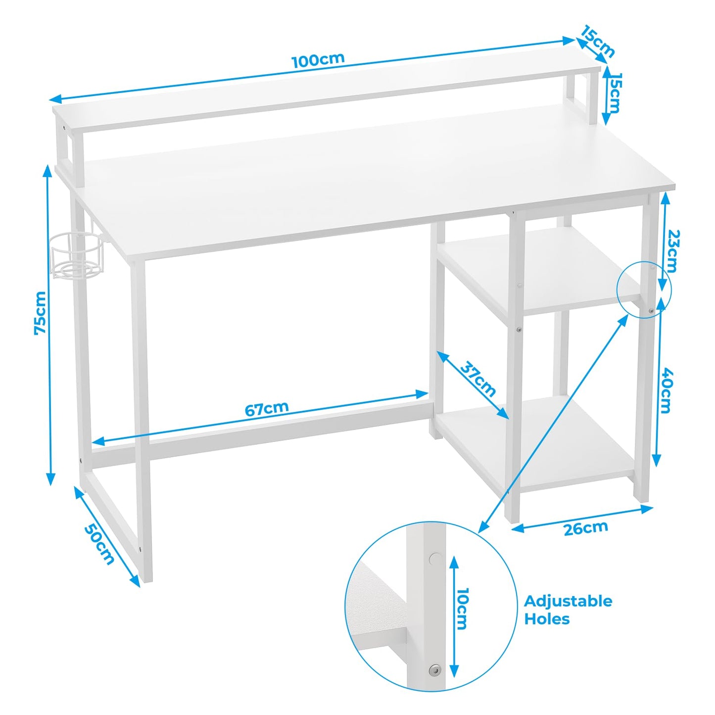 GreenForest 100 x 50 cm Schreibtisch Weiß mit Regal und Monitorständer, Kleiner Schreibtisch Klein, Sekretär Schreibtisch Weiss, Bürotisch für Home Office, Reinweiß
