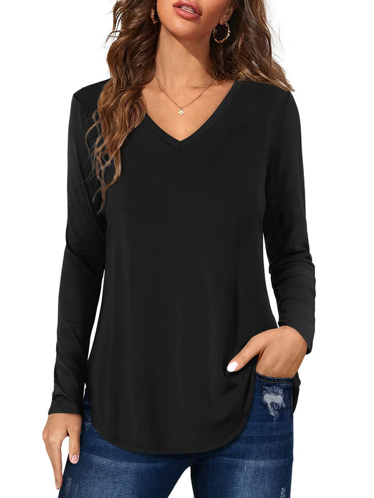 Florboom Longshirt Damen Langarm Shirts V Ausschnitt Oberteil Basic Elegantes Tshirt Schwarz M