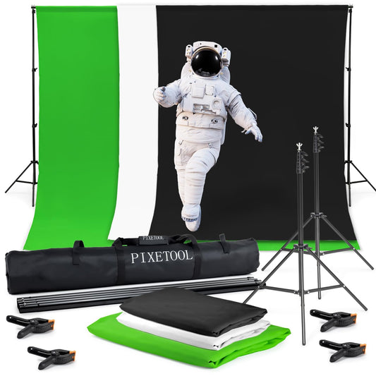 PIXETOOL Greenscreen (3 x 3 m) mit Ständer (2,6 x 3 m) - Fotohintergrund - Fotostudio Set - Green Screen - Hintergrund - Hintergrundstoffe - Stativ - Gaming Streaming Fotografie Zubehör