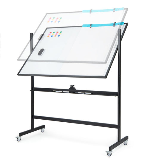COSTWAY Doppelseitiges mobiles Whiteboard, 120 x 90 cm, Trocken abwischbares magnetisches Whiteboard mit Gittermuster, Rollen, Ständer und Stiftablage, inkl. Zubehör für Büro, Zuhause (Schwarz)