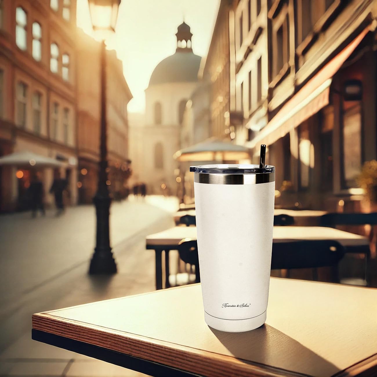 Rosenstein & Söhne Isolierbecher 600 ml – Edelstahl, Weiß, inkl. Deckel & Edelstahl-Strohhalmen