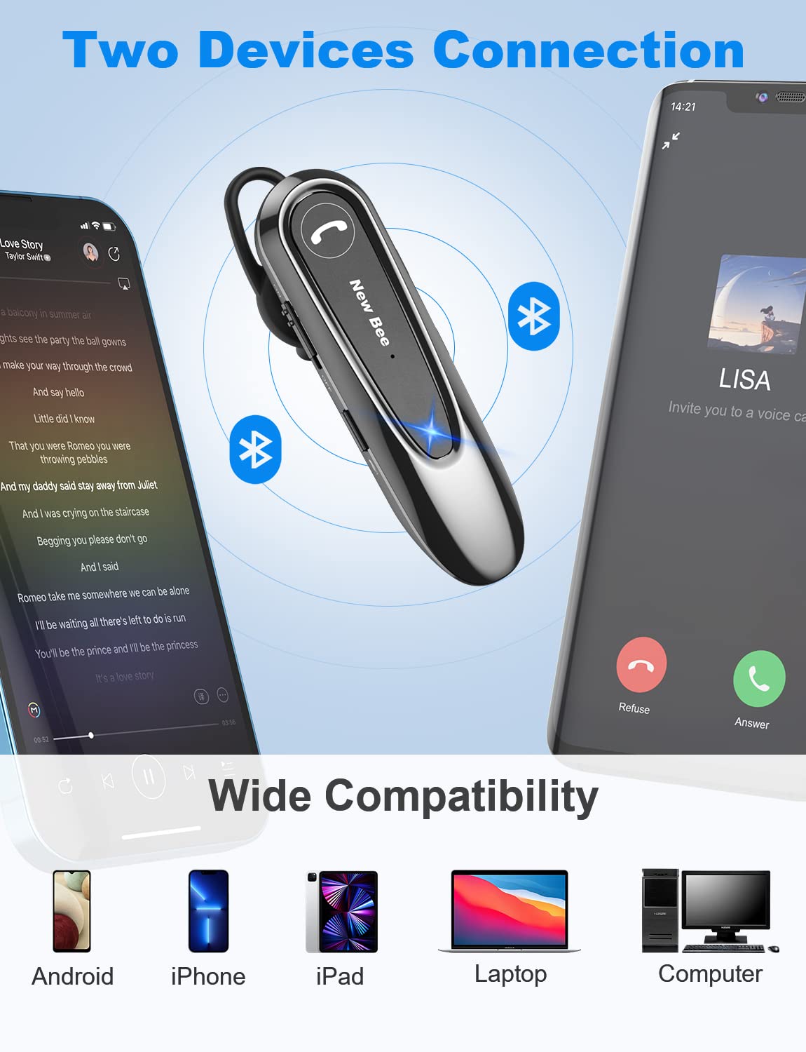 New bee Bluetooth Headset Wireless Freisprech Telefon mit Dual Mic V5.0 Freisprech-Bluetooth-Ohrhörer mit 20 Stunden Sprechzeit Mic Mute Zwei-Geräte-Verbindung für iPhone, Android und Laptop