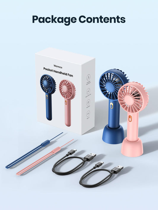 Warmco 2 stück Handventilator, Tragbarer Mini USB Ventilator mit 3 Geschwindigkeiten,Ventilator Klein USB Wiederaufladbar mit Tisch Basis, Hand Ventilatoren für Reisen, Büro, Draußen